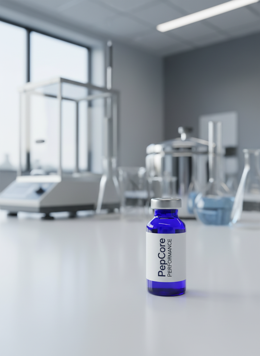 A close-up photographic image of a sleek cobalt-blue peptide vial with a precision-printed “PepCore Performance” label, standing upright on a matte white laboratory bench. Around it, out-of-focus high-end lab equipment and neatly arranged glassware create a clinical, cutting-edge environment. Cool, diffused daylight from a large side window combines with subtle overhead lab lighting, producing crisp highlights on the glass and soft reflections on the bench. The mood is highly professional and trustworthy, emphasizing scientific rigor. Shot at eye level with a shallow depth of field, the vial is centered using the rule of thirds, with a clean, modern aesthetic and a gently blurred, minimal background that suggests advanced peptide research without clutter.
