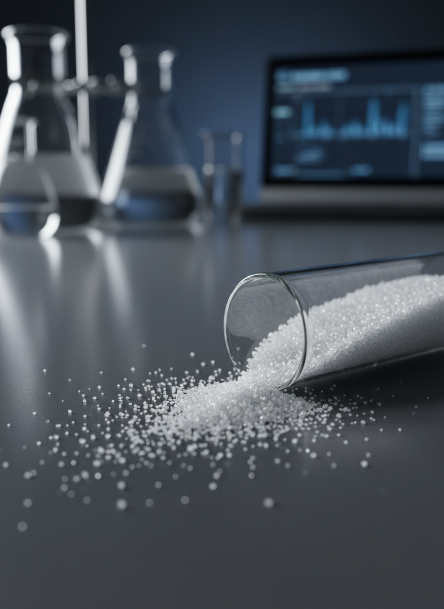 A highly detailed macro shot of crystalline peptide powder in a small, open glass vial lying on its side, with a neat spill of ultra-fine white granules forming a delicate trail across a smooth, charcoal-colored lab surface. The crystals catch soft, directional studio lighting from the left, creating tiny sparkling highlights and gentle shadows that emphasize their texture and purity. In the softly blurred background, abstract shapes of lab equipment and faint graphs on a digital screen hint at advanced analysis. The composition uses a shallow depth of field and a low, intimate camera angle to focus on the precision and quality of the raw peptide material. The mood is focused, technical, and refined, with a clean, photographic, high-end aesthetic.