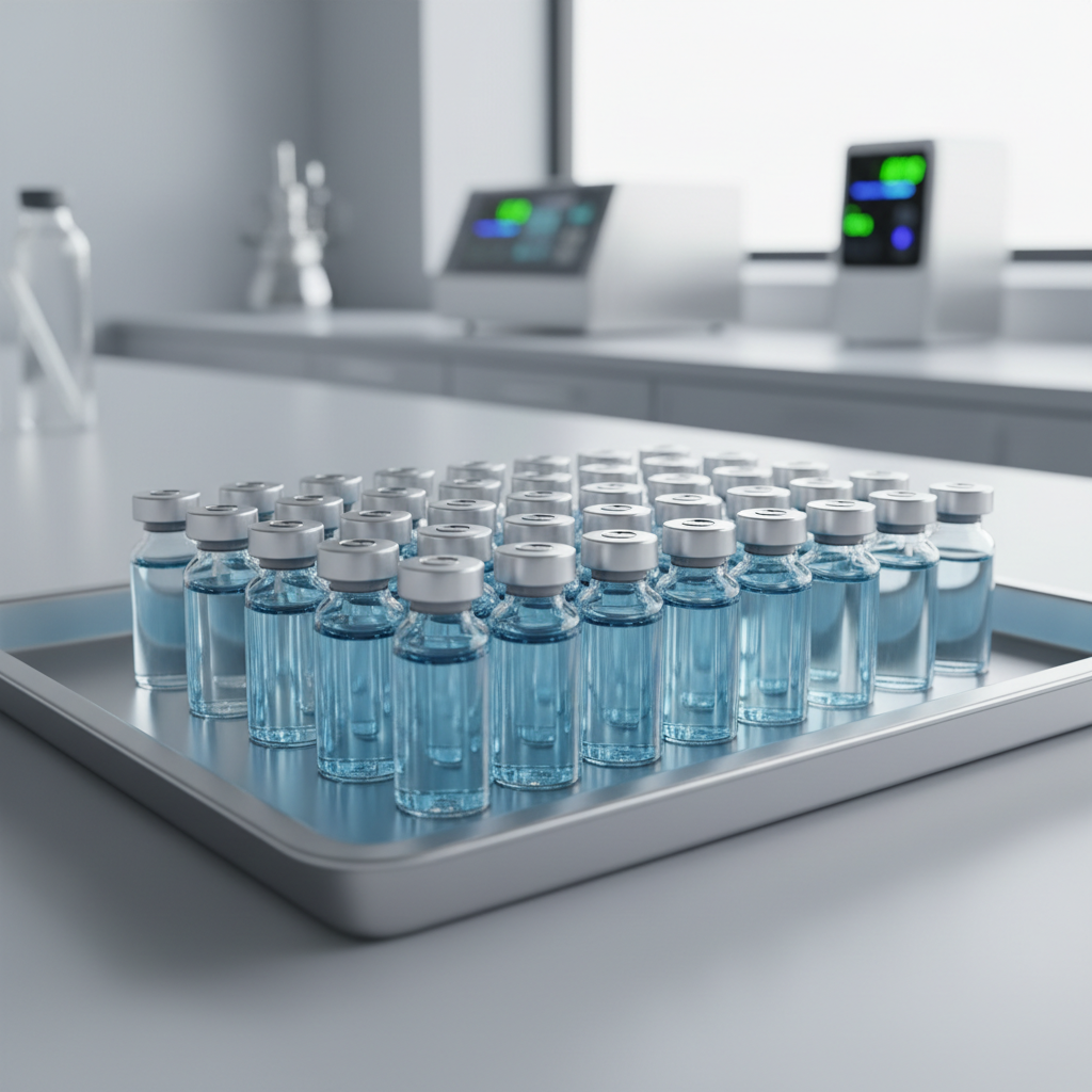 An array of small, transparent peptide vials filled with clear and pale-blue solutions, aligned with surgical precision on a brushed stainless steel tray. The tray rests on a spotless, light-gray lab surface that stretches into a softly blurred background of chromed instruments and digital lab readouts. Cool, balanced studio lighting mimics natural daylight, creating crisp reflections along the metal edges and subtle glows within the liquids. The composition is shot from a slightly elevated angle, emphasizing depth and order, with a strong sense of symmetry. The mood is clean, methodical, and performance-driven, perfectly reflecting a professional peptide-focused brand. Photographic realism with a modern, minimal aesthetic keeps the image technical yet visually appealing.